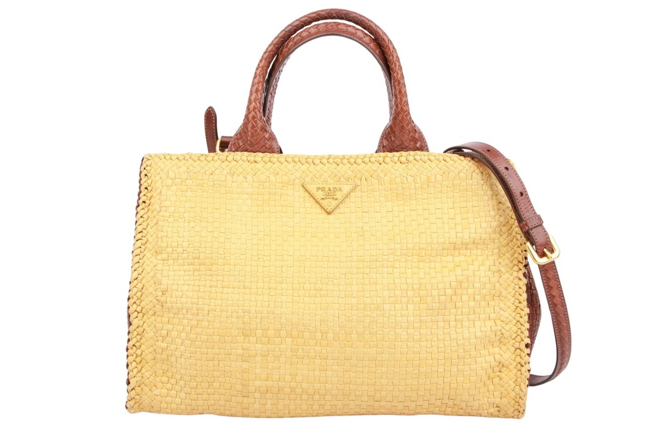 Prada Madras Woven Leather Tote Bag Braun / Beige
