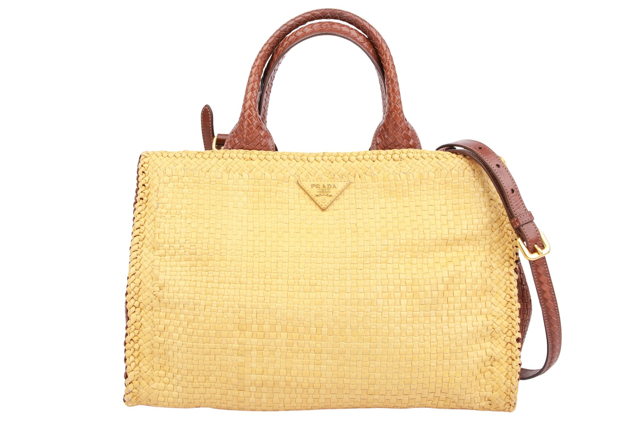 Prada Madras Woven Leather Tote Bag Braun / Beige