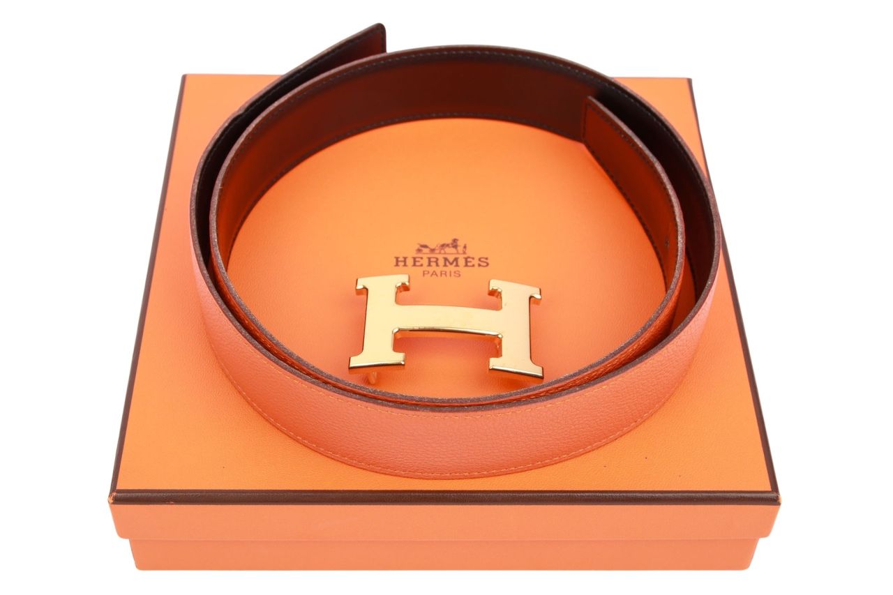 Hermès Wendegürtel 'H' Schwarz / Orange Gr. 80