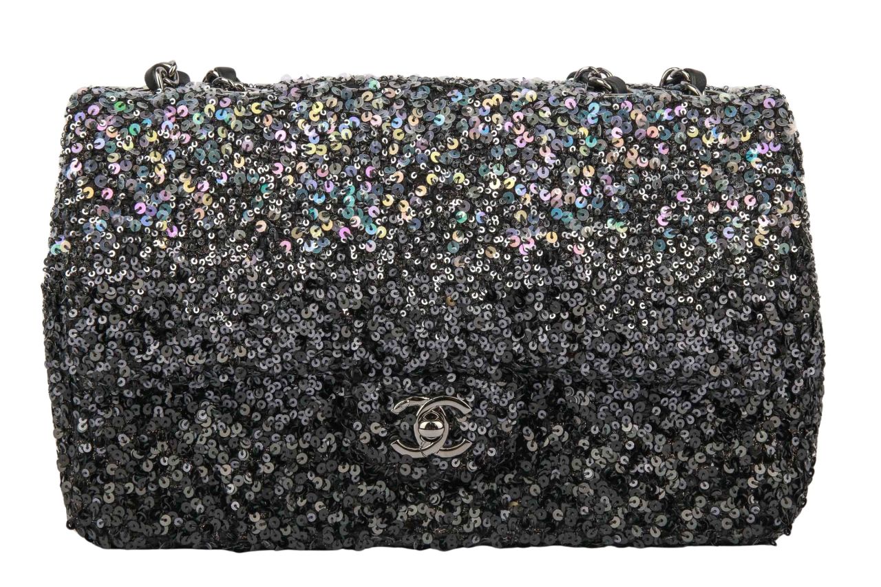 Chanel Flap Bag Pailletten Schwarz / Silber