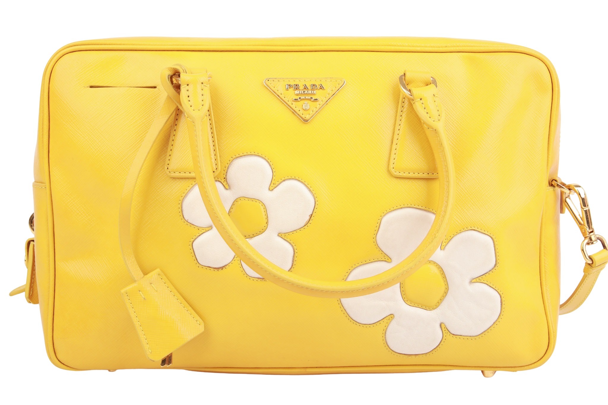 Prada Saffiano Vernice Flower Bauletto Gelb
