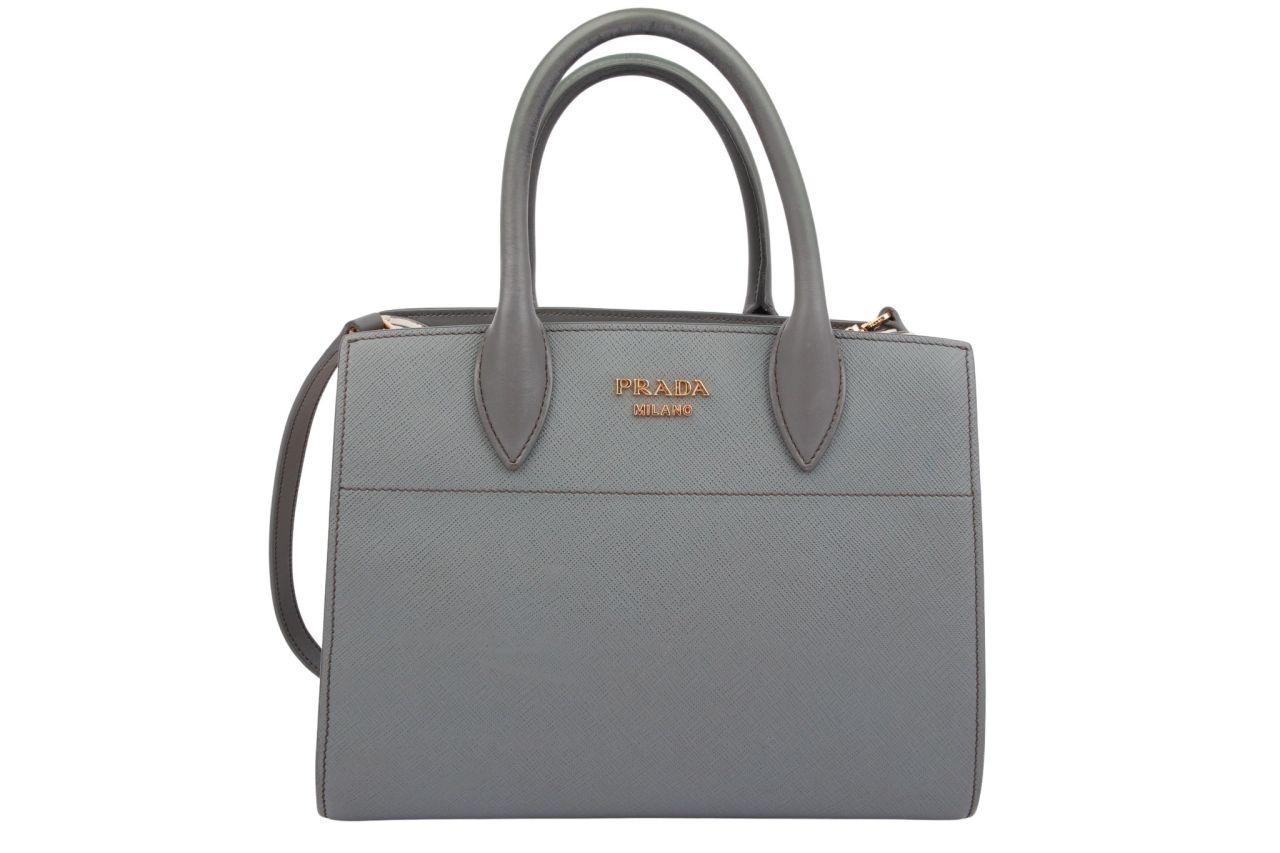 Prada Bibliotheque Gray Cream Saffiano Leather