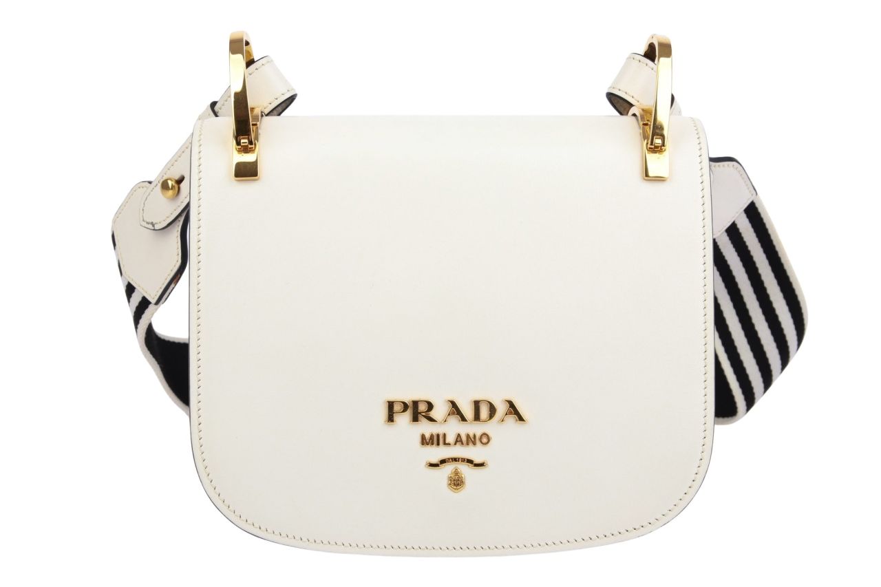 Prada City Calf Striped Pionniere Handtasche Leder Weiß