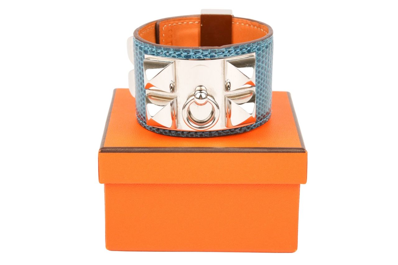 Hermès Collier de Chien Armreif Lezard Blau
