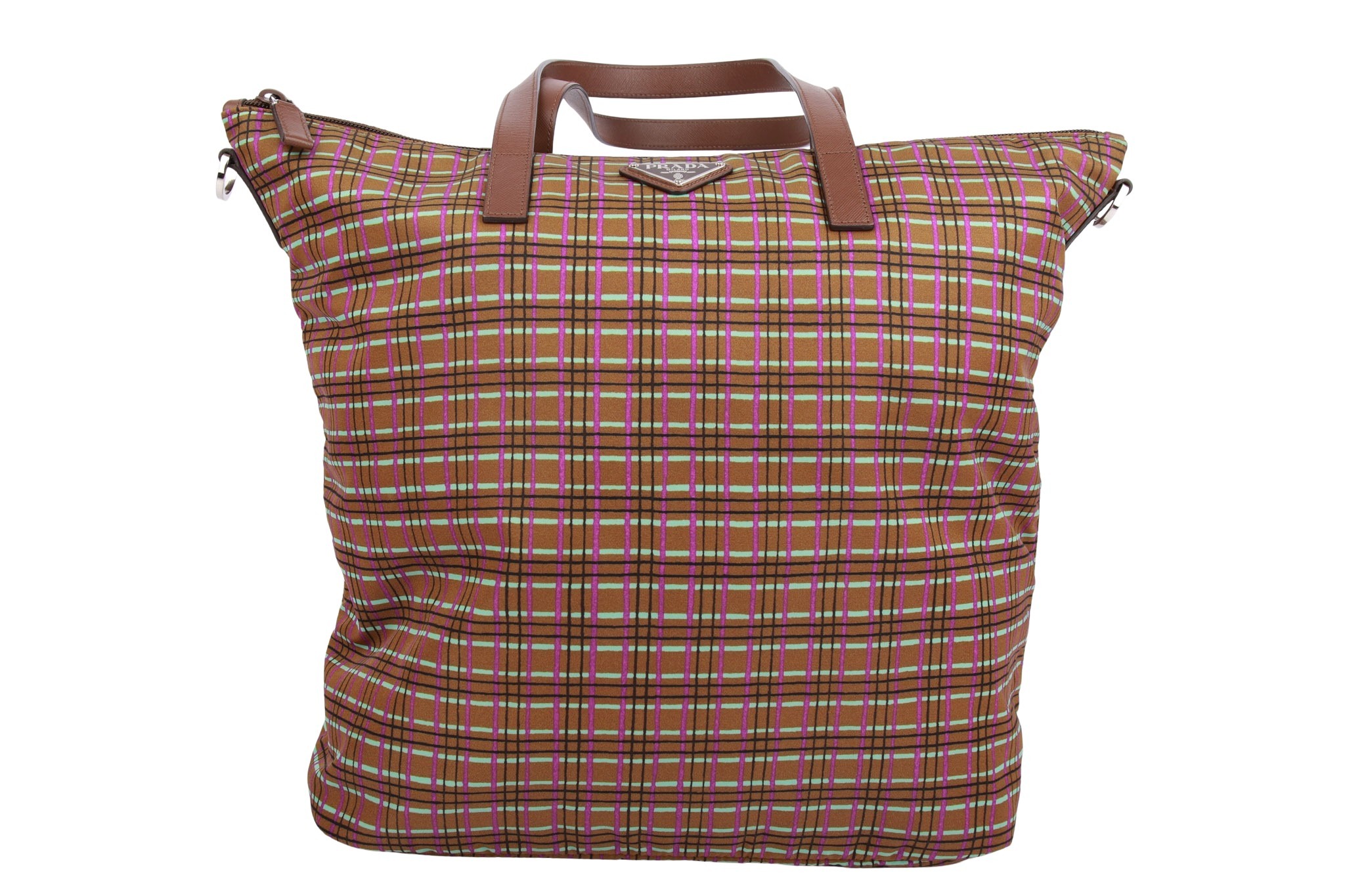 Prada Plaid Tote Bag Nylon Braun