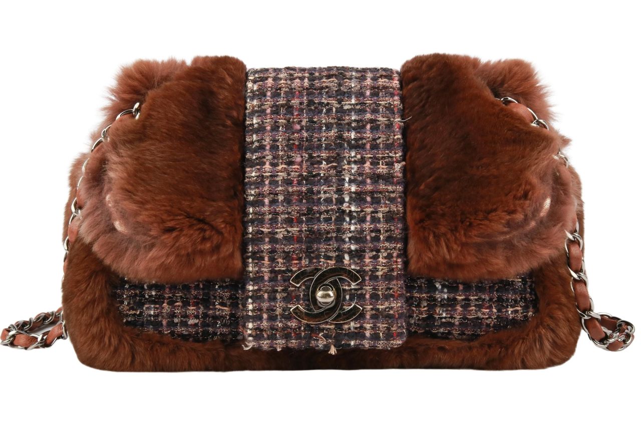 Chanel Classic Flap Bag Tweed Rabbit Fur