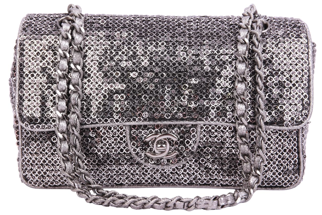 Chanel Single Flap Pailletten Schwarz / Silber