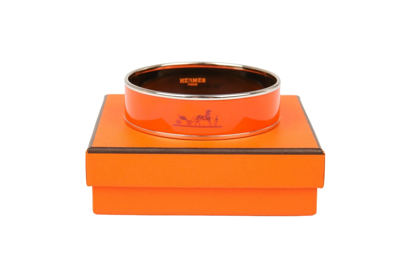 Hermès Armreif Emaille Breit Orange Silber