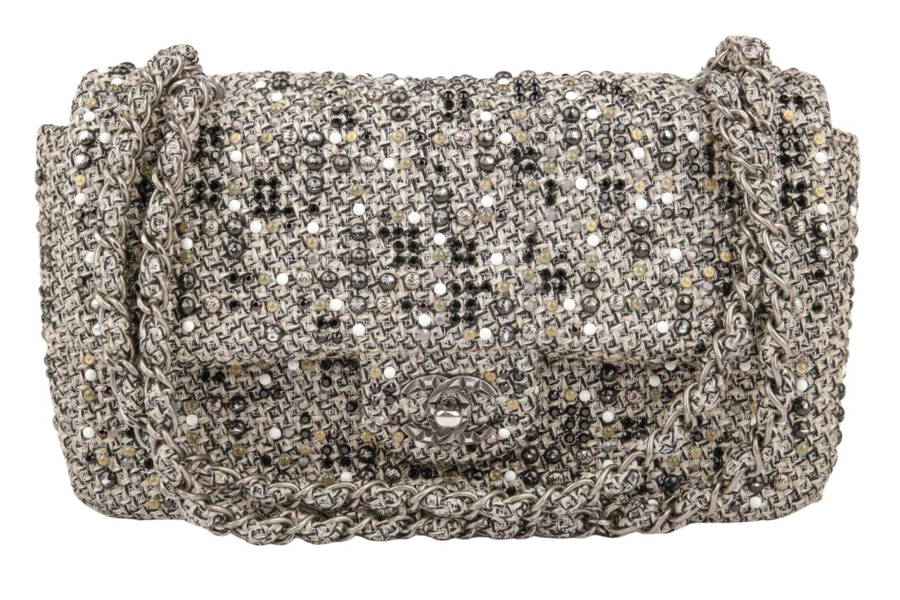 Chanel Flap Bag Tweed mit Perlen Grau