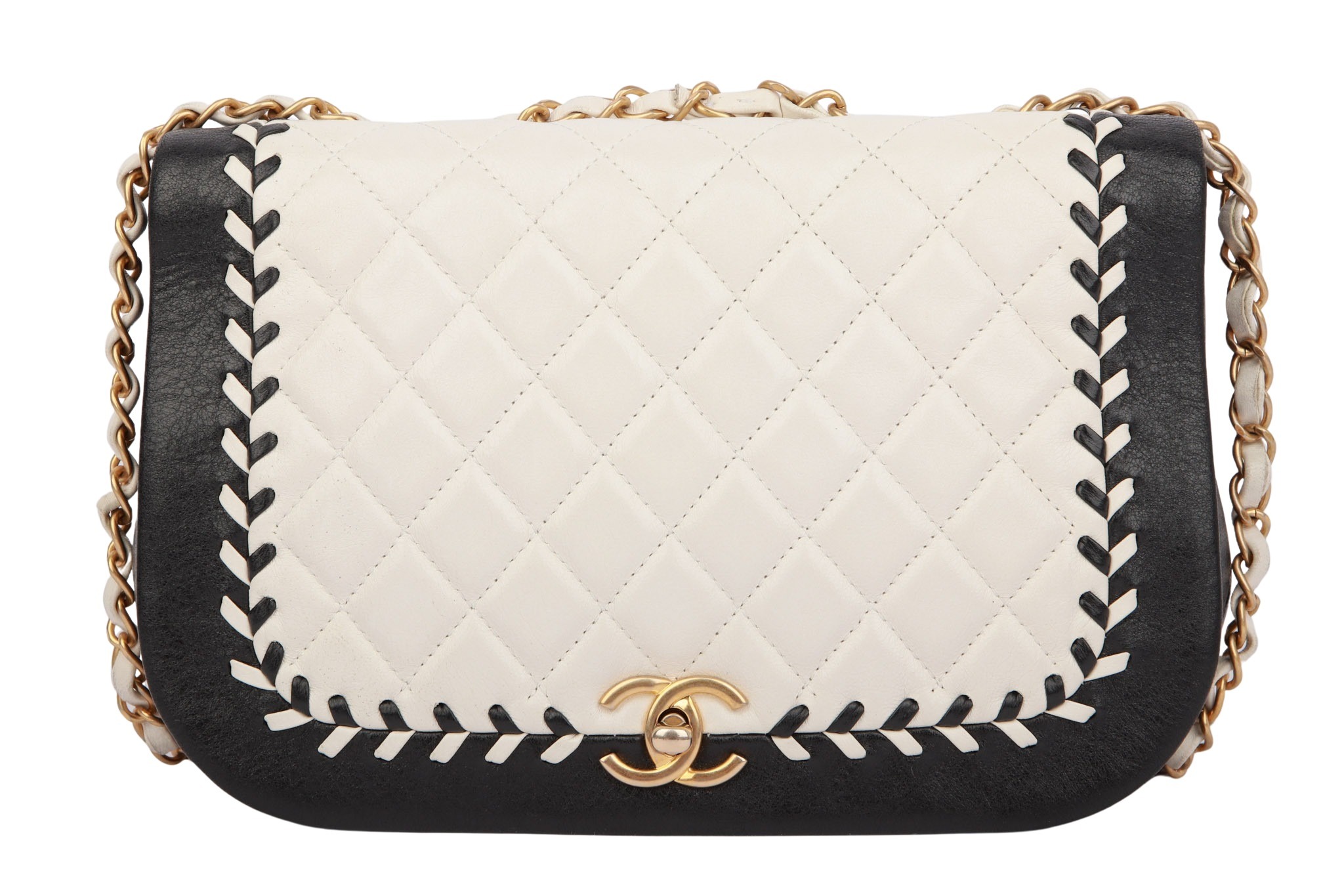 Chanel Braided Saddle Flap Leder Schwarz / Weiß