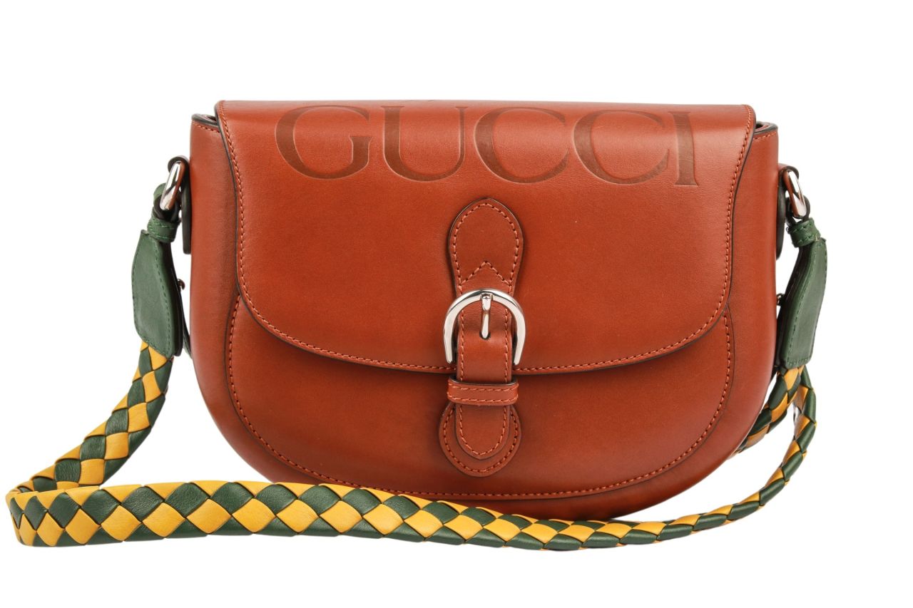 Gucci Shoulder Bag Embossed Small Braun Leder