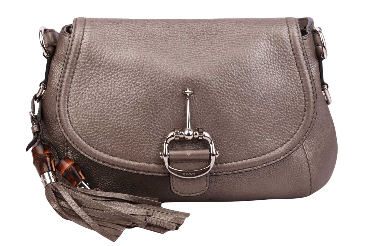 Gucci Horsebit Schultertasche Leder Metallic Grau