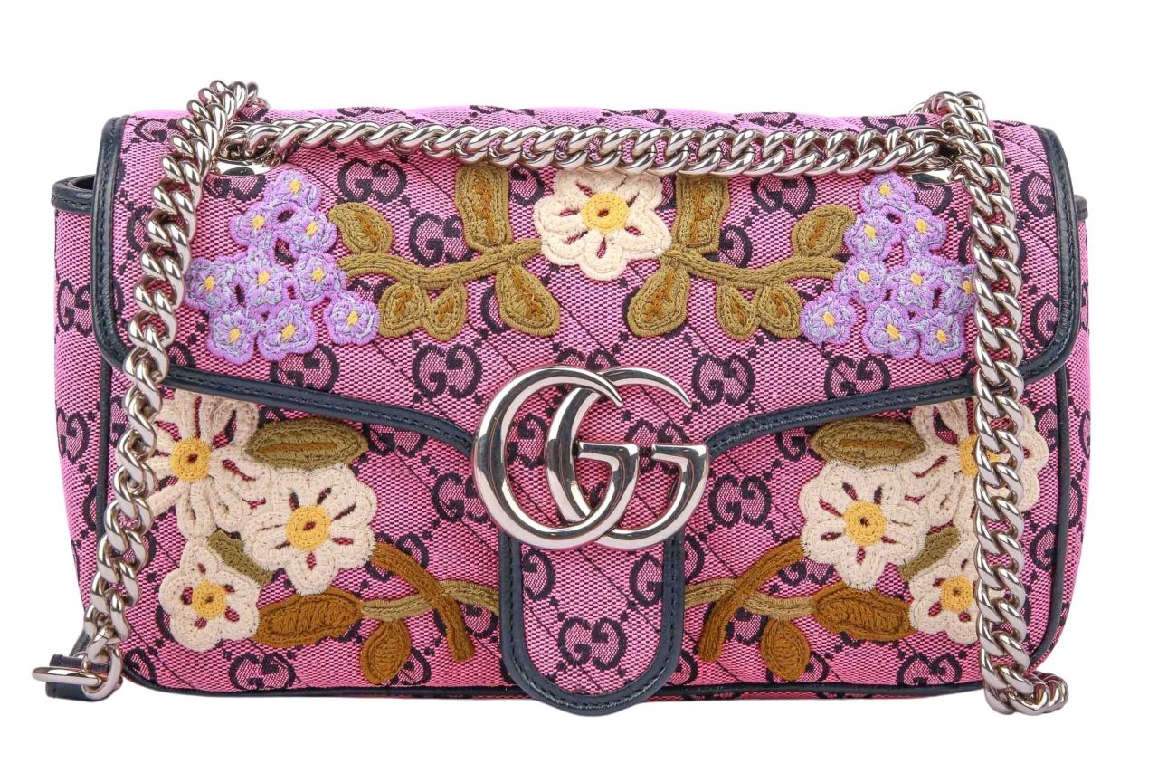 Gucci Marmont Leinen Guccissima Blumen Stickerei Pink