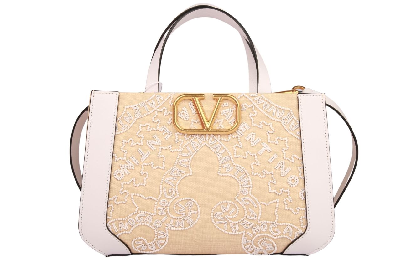 Valentino Garavani Tote Bag mit Perlen Stickerei Beige Weiß