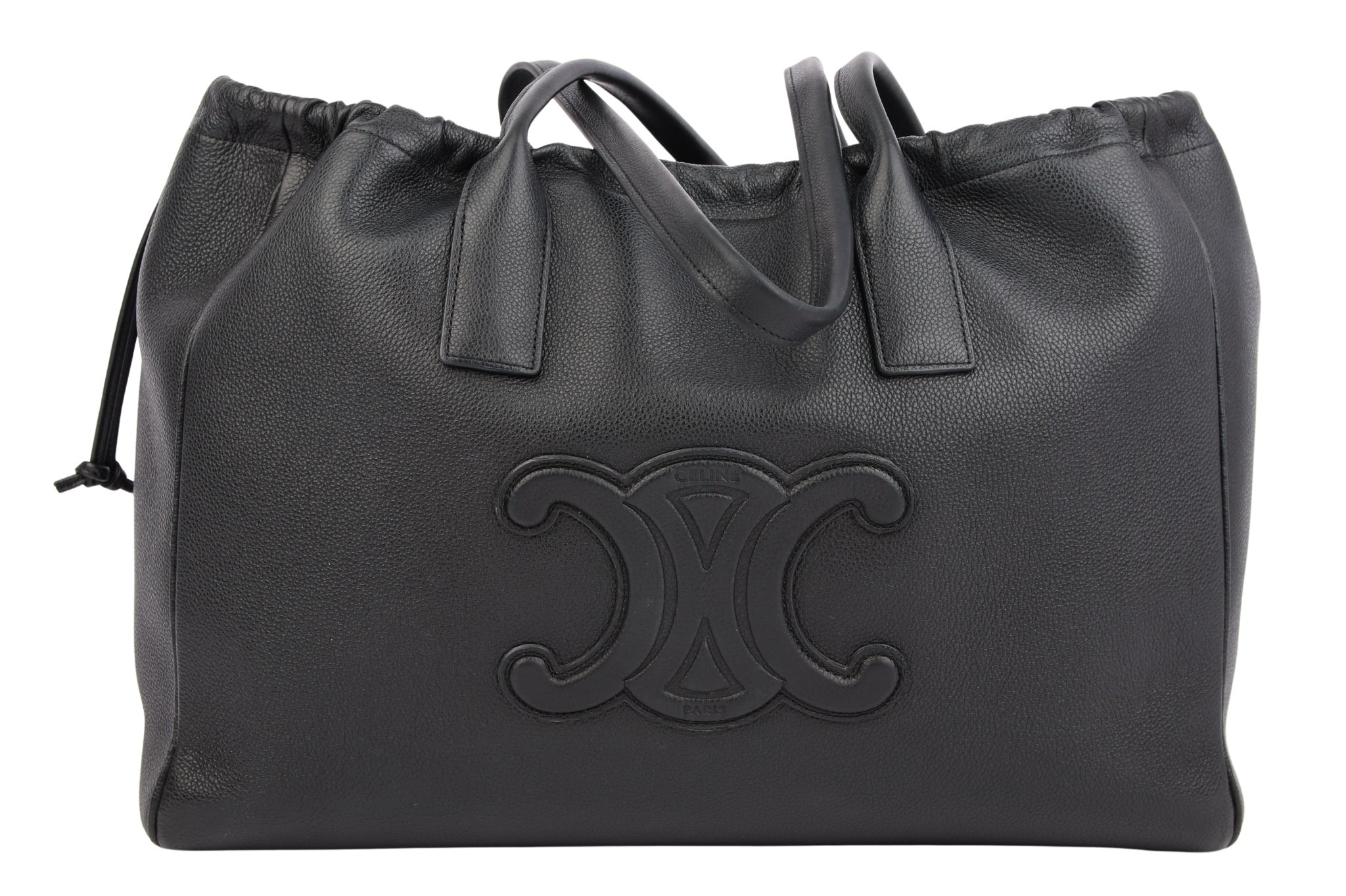 Céline Cabas Drawstring Cuir Triomphe Tote Bag Schwarz