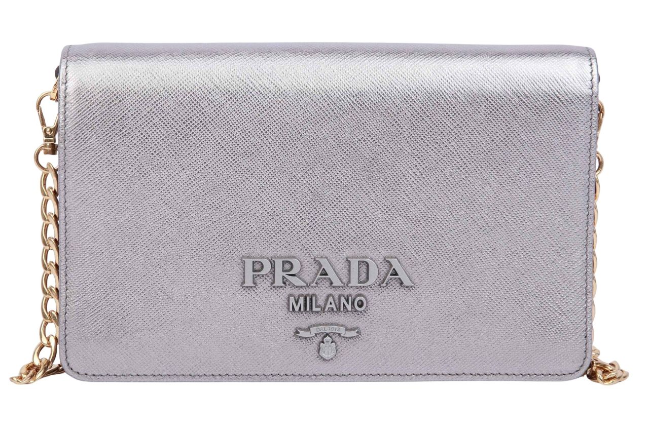 Prada Wallet On Chain Bag Saffiano Leather Silber