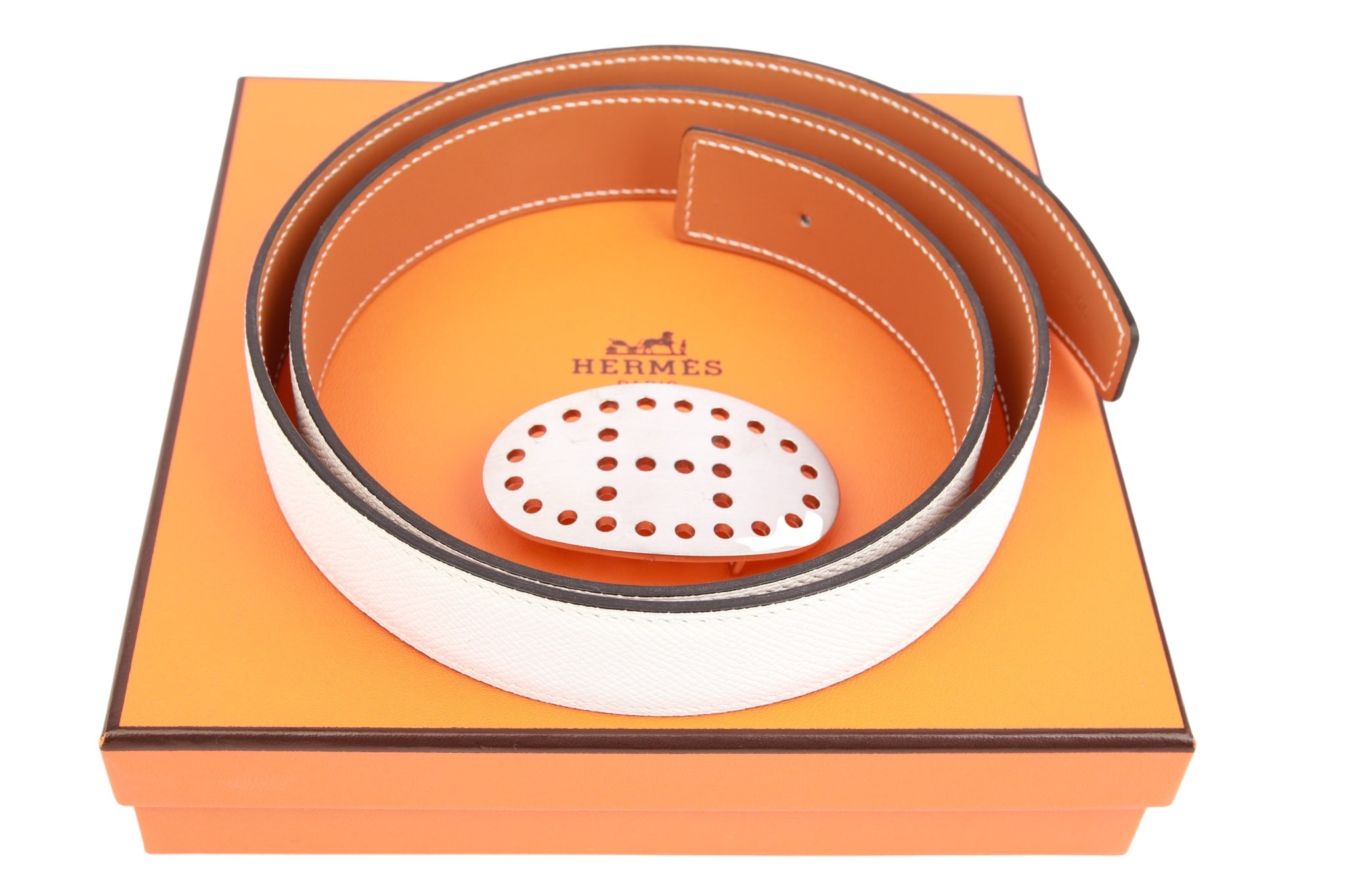 Hermès Wendegürtel Weiß / Braun Gr. 90