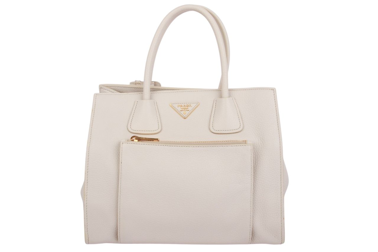 Prada Vitello Daino Front Pocket Tote Creme