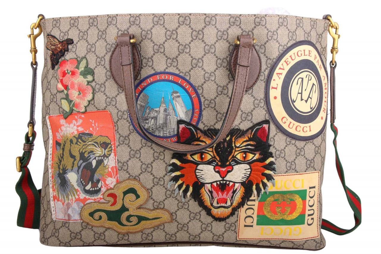 Gucci Guccissima Canvas Courier 2way Tiger Patch Tote Bag Braun