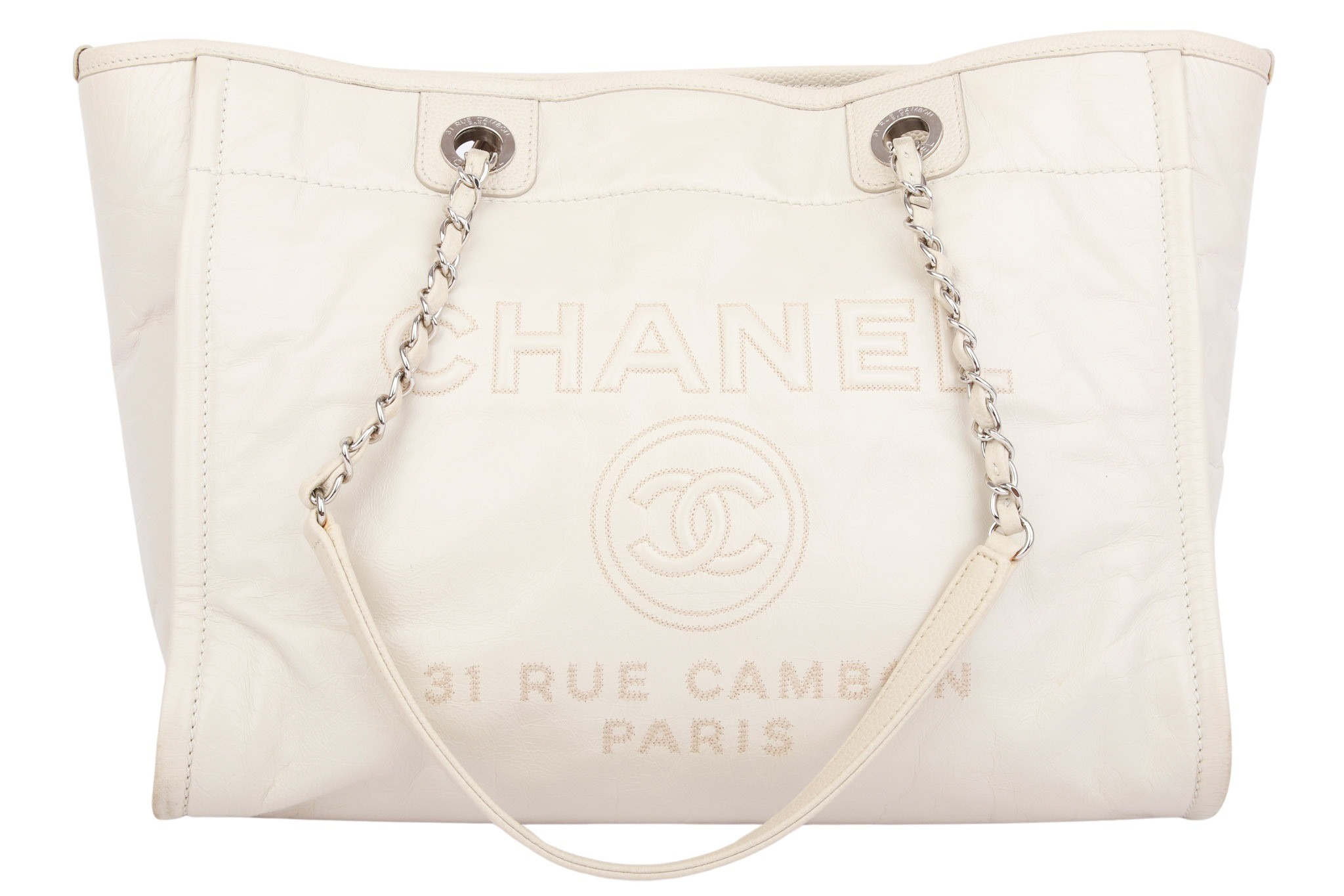 Chanel Deauville Leather Tote Bag Creme